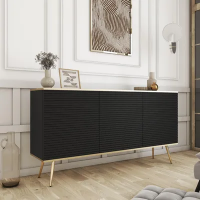Productafbeelding van Kommode FORNO, zwart, met geribbelde voorkant, glamour, Art Deco stijl, 160 cm, met gouden poten