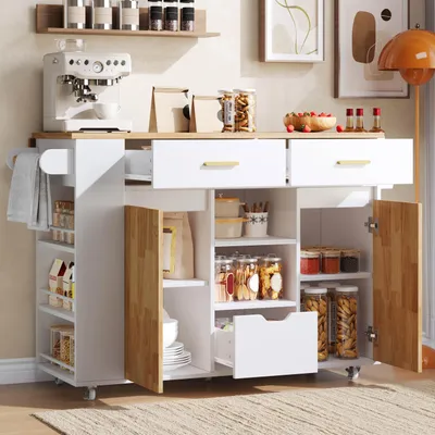 Immagine prodotto di Isola da cucina MODFU, 120 x 45 x 90 cm, carrello di servizio con piano estendibile pieghevole, tavolo pieghevole con 3 cassetti e spazio contenitivo, carrello da cucina con ruote a 360°, bianco