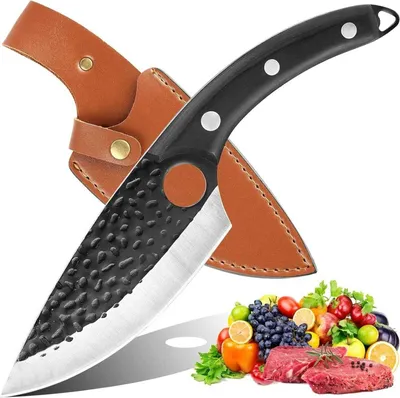 Produktbild von Professionelle Handgeschmiedete Ausbeinmesser Küchenmesser Hackmesser mit Lederscheide - Profi Messer zur Verarbeitung von Gemüse & Fleisch Schwarz