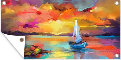 Produktbild von MuchoWow® 60x30 cm Outdoor-Poster Gartendeko Sichtschutz Garten Poster für den Garten  Malerei - Ölfarbe - Boot - Farben