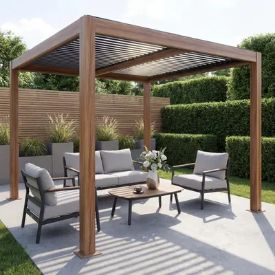 Produktbild von Pergola HWC-L46, Gartenpavillon Lamellen-Pavillon, 10cm-Aluminium-Gestell, Regenrinne sturmfest, 3x3m  Holzoptik