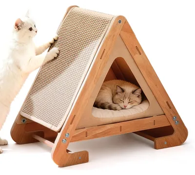 Image de Maison pour chat 2 en 1, avec griffoir et tente en bois pour animaux de compagnie