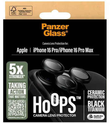 Produktbild von PanzerGlass ® Hoops® Ceramic Kameraschutz iPhone 16 Pro | 16 Pro Max, Apple, Apple - iPhone 16 Pro, Apple - iPhone 16 Pro Max, Trockene Anwendung, Kratzresistent, Schockresistent, Schwarz, 1 Stück(e)