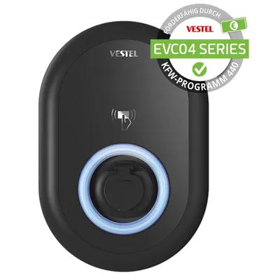 A black Vestel EVC04 Series electric vehicle charging station.