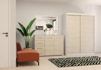 Produktbild von 2er-Set Schwebetürenschrank Schrank Kleiderschrank ohne Spiegel Weiß/Sonoma 150cm Vista 04 mit Kommode 135cm FRIDA 01