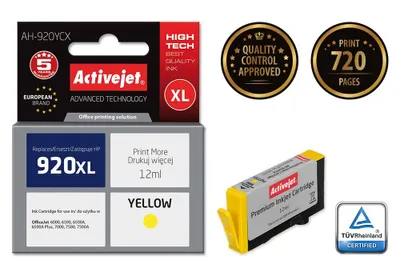 Produktbild von Activejet AH-920YCX Tintenpatrone (Ersatz für HP 920XL CD974AE; Prämie; 12ml; gelb), Hohe (XL-) Ausbeute, Gelb, Tinte auf Farbstoffbasis, 12 ml, 1 Stück(e), Einzelpackung
