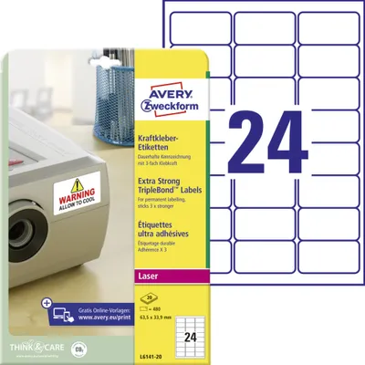 Produktbild von Avery Zweckform L6141-20 Kraftkleber-Etiketten, 63,5 x 33,9 mm, 20 Bogen/480 Etiketten, weiß