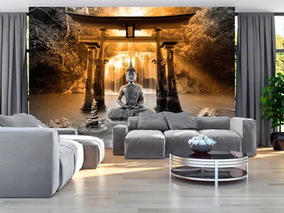 Produktbild von Vlies Fototapete Buddha 400x280 cm Tapeten Wandtapete XXL Wasserfall Natur Orient Zen p-A-0033-a-c