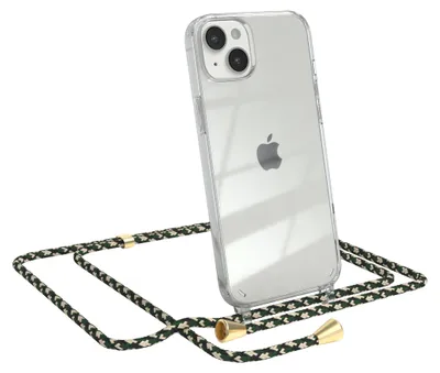 A clear iPhone 14 Plus case with a green and black braided lanyard attached.