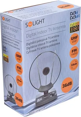 The image shows the retail packaging of a digital indoor TV antenna.