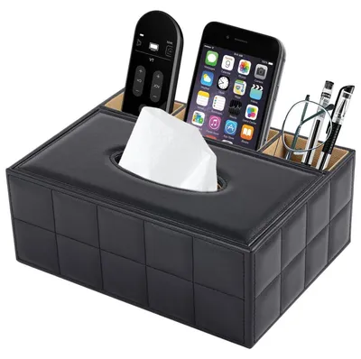 Immagine prodotto di Contenitore per fazzoletti di trucco in ecopelle, con scomparto per telecomando, forma rettangolare, colore nero, dimensioni 25,5x18,4x10 cm