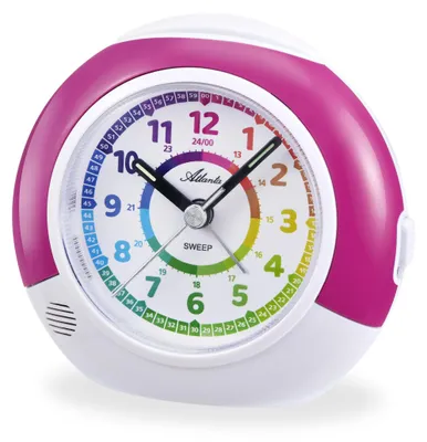 Analoge Weckeruhr rosa Kunststoff weißes Zifferblatt beleuchtet Snooze leise
