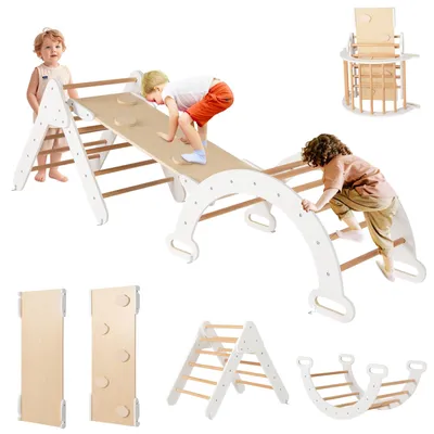 Produktbild von DREAMADE 3-in-1 Kinder Kletterdreieck Set, Holzdreieck mit umkehrbarer Rampe & Bogen, Indoor & Outdoor Spielplatz Kletterzeug, Montessori Kletterspielzeug, ab 1 Jahre (Weiß)