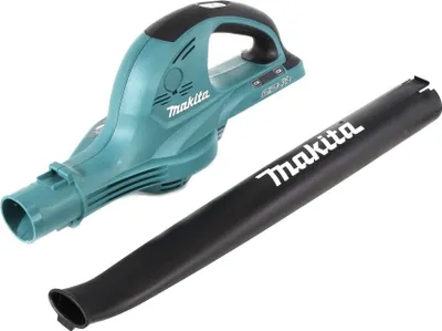 A teal and black Makita leaf blower and its black nozzle are shown on a white background.