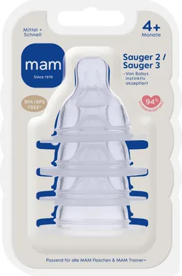 Produktbild von MAM Sauger Größe 2 + 3 im 4er Set, Flaschensauger (Durchflussrate mittel & schnell), weicher Trinksauger passend für alle MAM Flaschen & Trainer, ab 4