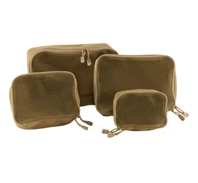 Four tan packing cubes of varying sizes are arranged on a white background.