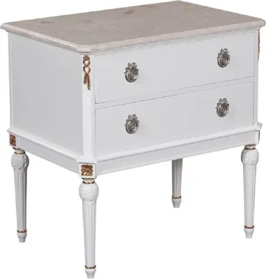 Produktbild von Casa Padrino Luxus Barock Nachtkommode Weiß / Cremefarben / Antik Gold / Silber - Handgefertigter Massivholz Nachttisch mit Marmorplatte - Barock Schlafzimmer Möbel