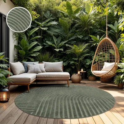 Produktbild von TT Home In-& Outdoorteppich Wetterfest Balkon Schlafzimmer Boho Skandi Motiv Unifarben Geometrische Optik Moderner Style Größe 120 cm Rund