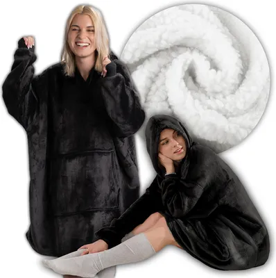 Immagine prodotto di Felpa Blanket, grande oversize, spessa, calda, con cappuccio, nera, morbida