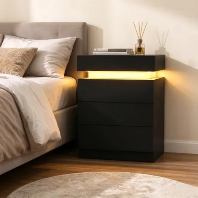 Produktbild von Nachttisch Nachtschrank mit LED-Beleuchtung mit 3 Schubladen 45x35x61cm Schwarz