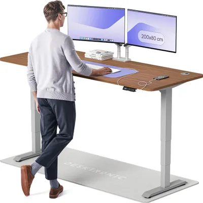 Produktbild von Desktronic HomePro Elektrisch höhenverstellbarer Schreibtisch 200x80cm Grau/Walnuss mit Memory-Funktion, Anti-Kollisions Technologie, USB-A und USB-C-Ladeanschlüssen