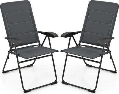 Image de COSTWAY Lot de 2 chaises de jardin, chaises pliantes avec dossier réglable en 7 positions, dossier haut, respirant, rembourré, chaises d'extérieur, Gris