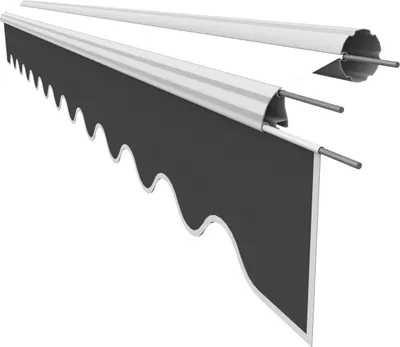 A close-up, isolated view of a retractable awning fabric and its mounting hardware.