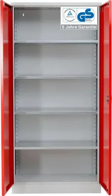 Produktbild von Stahlschrank BEE mit 7 verzinkten Fachböden | HxBxT 195x92x50cm | Korpusfarbe Lichtgrau, Frontfarbe Feuerrot | Werkstattschrank Werkzeugschrank Aktenschrank Universalschrank