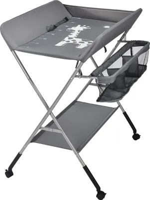 Image de Table à langer pour bébé Table à langer pliable Réglable en hauteur avec roues verrouillables Ceinture de sécurité grise