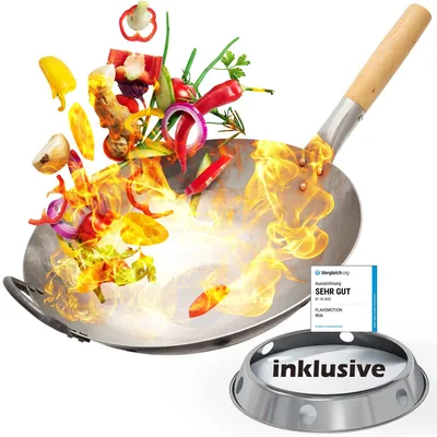 Produktbild von Wok Pfanne inkl. Wokring - Geeignet als Wokpfanne Induktion sowie für den Grill und Gasherd - Wok Pfanne aus robusten Kohlenstoffstahl - Woks & Wokpfannen