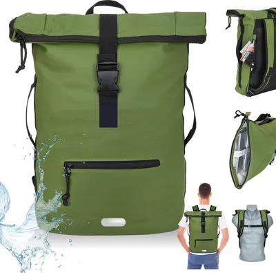Produktbild von Rucksack Plane Time Bag Evo 24 L Kurierrucksack Roll-Top Herren Angeln Paintball Jagd Freizeitrucksack Laptoprucksack  wetterfest Outdoor Elephant 12825 Oliv Matt Grün Uni + f