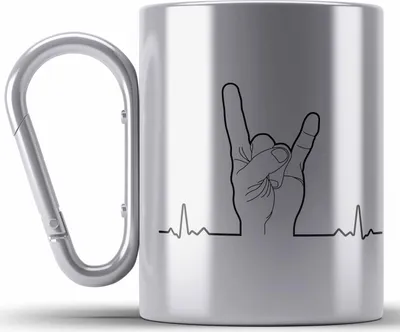 Produktbild von Trendation - Heavy Metal Geschenk Männer Lustig Edelstahl Tasse Karabiner Herzschlag Rock Death Metal Geschenkidee Musik (Silber)