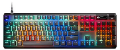 A close-up, straight-on view of a gaming keyboard with RGB lighting.