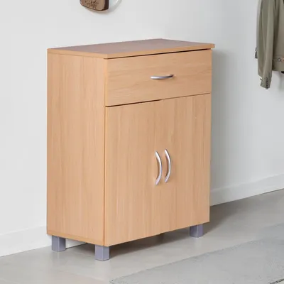 Obrázek produktu pro FineBuy botník se zásuvkou a 2 dvířky 60×75×30 cm bukový vzhled Prostorově úsporný botník z melaminem potažené dřevotřísky Nábytek do předsíně