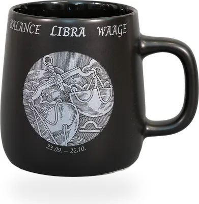 Produktbild von Könitz Kaffeetasse Sternzeichen Waage. Teetasse 395ml Bone China Porzellan. Design schwarz, vintage