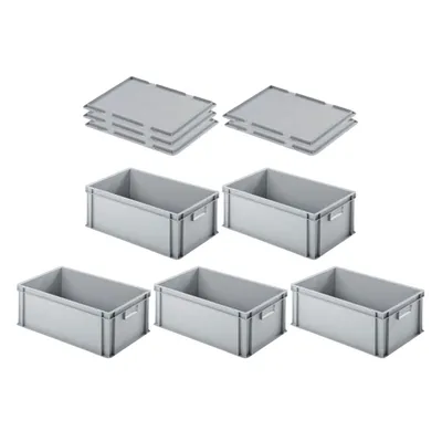 Produktbild von SuperSparSet 5x Eurobehälter mit geschlossenem Griff & Auflagedeckel | HxBxT 22x40x60cm | 38 Liter | Grau | Eurobox, Transportbox, Transportbehälter, Stapelbehälter