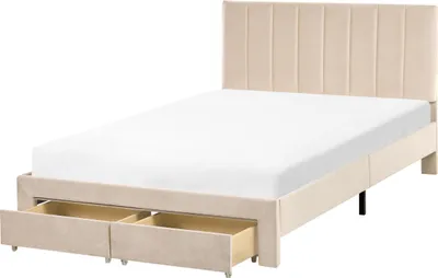 Produktbild von BELIANI Bett Beige Samt Gepolstert mit Schubladen Lattenrost 120x200 cm Hohes Gestepptes Kopfteil Modern Schlafzimmer Polsterbett Samtbett