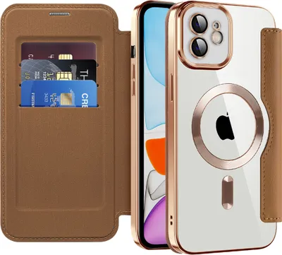 Image de Étui pour iPhone 11 compatible avec MagSafe, étui transparent avec porte-cartes, étui en cuir avec protection de l'appareil photo Marron