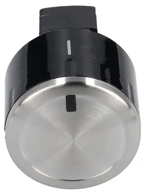 A close-up of a stove knob with a brushed metal face and a black plastic top section with a single white indicator line.