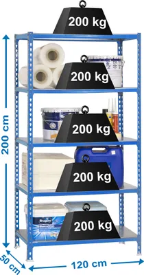 Image de Etagère Légère Sans Vis Simonclick Megaplus 5/500 Bleu/galva Bleu/galva 2000x1200x500 - Simonrack