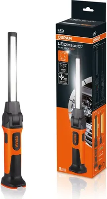 A product shot of an OSRAM LEDinspect SLIM MAX1000 work light next to its packaging.