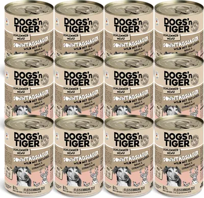 Produktbild von Dogs’n Tiger Adult Hundefutter, Sonntagsjäger, Hunde Nassfutter, Wild, Geflügel, Birne, Hirse & Karotte, 12x400g