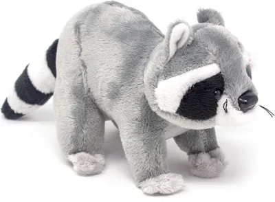 A plush toy raccoon is shown against a white background.