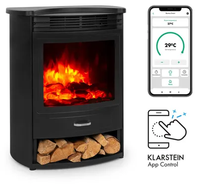 Produktbild von Klarstein Elektrokamin, Elektro Heizungen für Wohnzimmer & Innenräume, Elektrischer Kamin mit LED Flammen & App-Control, Freistehender Kamin, Heizlüfter mit Timer, Thermostat, Heizung 1900 W