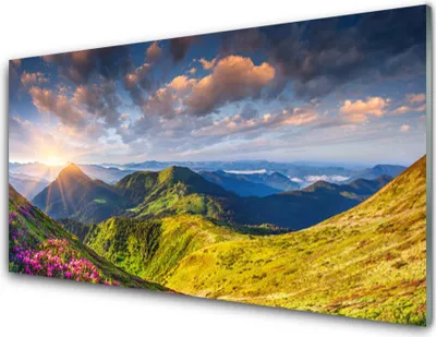 Produktbild von Acrylglasbilder 100x50 Wandbild Druck Gebirge Sonne Wiese Landschaft