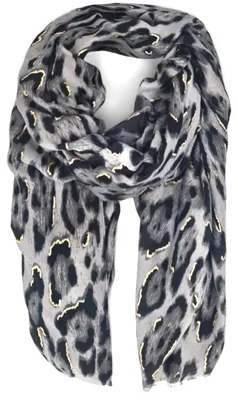 Produktbild von styleBREAKER Damen Schal mit Leoparden Muster und goldenen Metallic Akzenten | weiches langes Tuch mit kurzen Fransen 180 x 88 cm