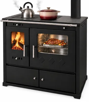 Produktbild von XL-Küchenofen PR LUX INOX schwarz, rechts mit Edelstahlbackfach