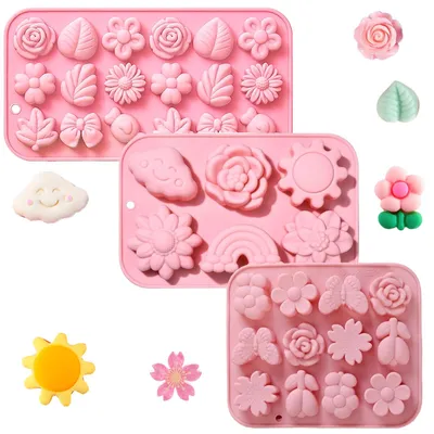 Image de Moules en silicone pour chocolat - Lot de 3 avec motifs floraux - Moules pour pâtisseries et décorations