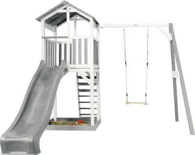 Produktbild von AXI Beach Tower Spielturm aus Holz in Weiß & Grau | Spielhaus für Kinder mit grauer Rutsche, Schaukel und Sandkasten | Stelzenhaus für den Garten