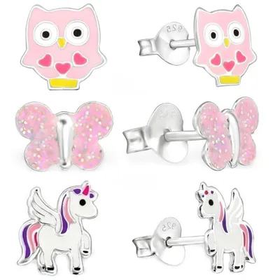 Ohrstecker-Set für Kinder - Einhorn, Schmetterling und Eule Rosa

